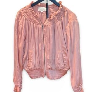 Love Sam Anthropologie Satin Bomber Jacket Womens Small Blush Pink Ruffle Collar